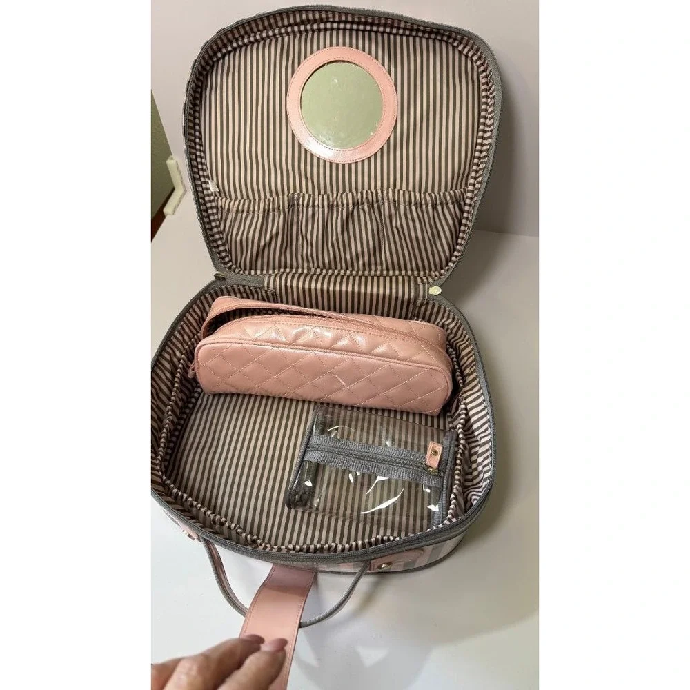 Victoria's Secret Pink Gray Striped Train Case Makeup Travel Bag Cosmetic Set